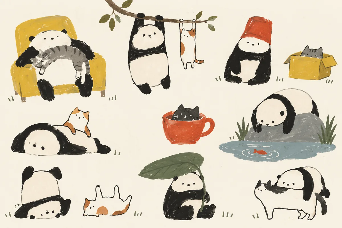 シュールな手描き風イラスト｜猫とパンダの生成作例