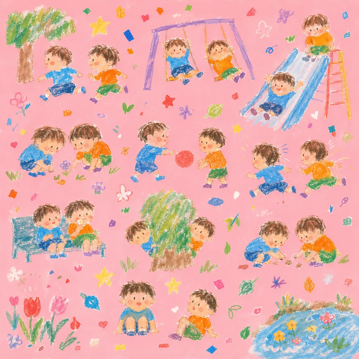かわいいクレヨン手描き風｜背景色ありの生成作例